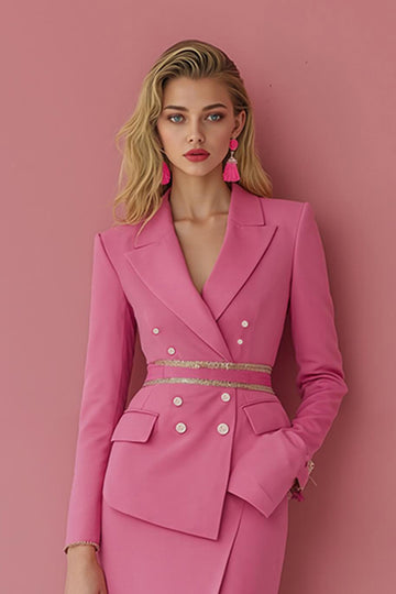 Pink Peak Lapel 2 Piece Work Dress With Slit
